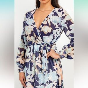 Floral Cuffed Sleeve Maxi Dress extra long Crisscross V front